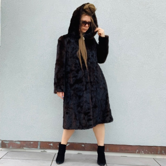 Genuine Mink Widen Bottom A-line Hooded Long Fur Coat EU 44 - Picture 3 of 16